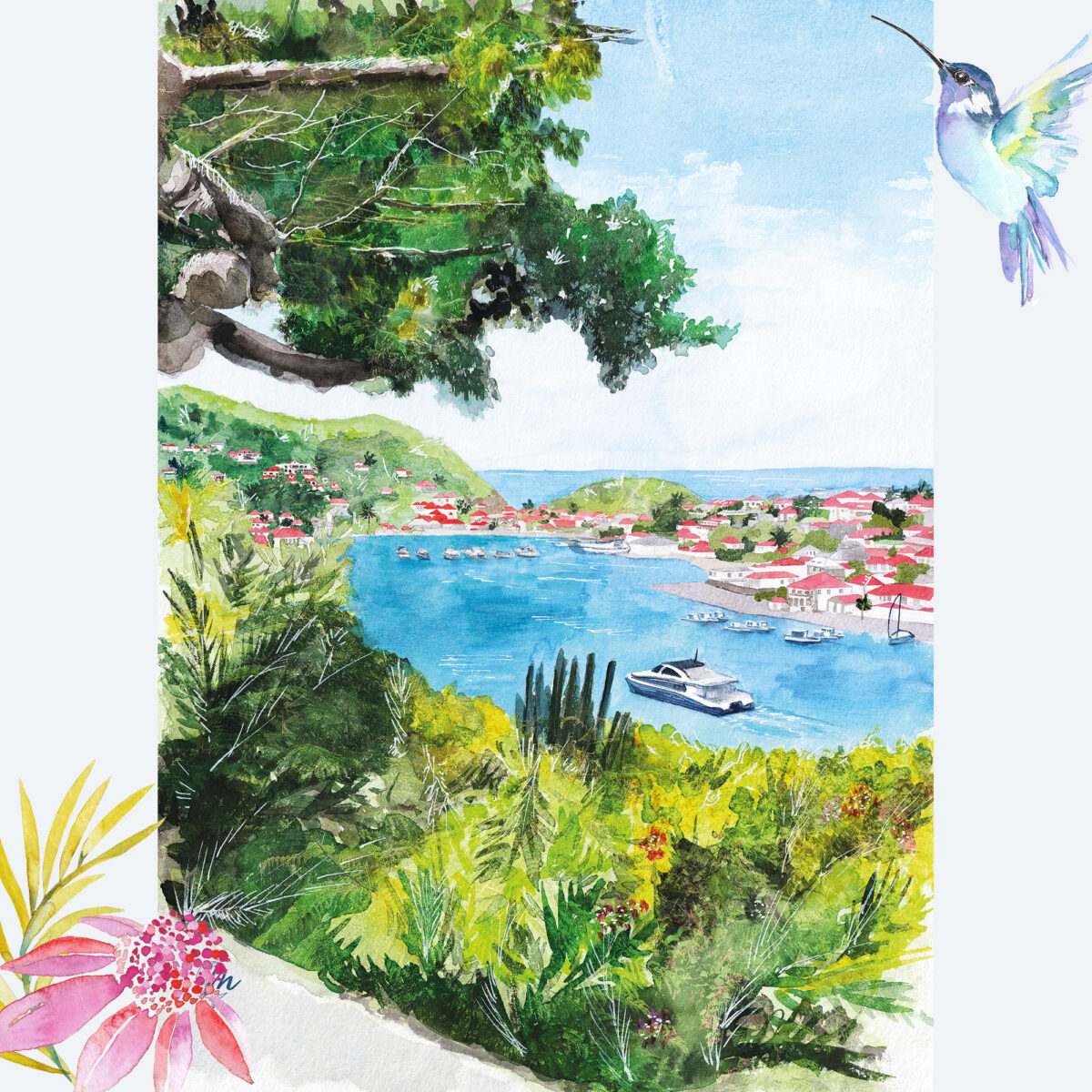 Aquarelle de Saint-Barthélemy : Gustavia - Moon St Barth - Illustration