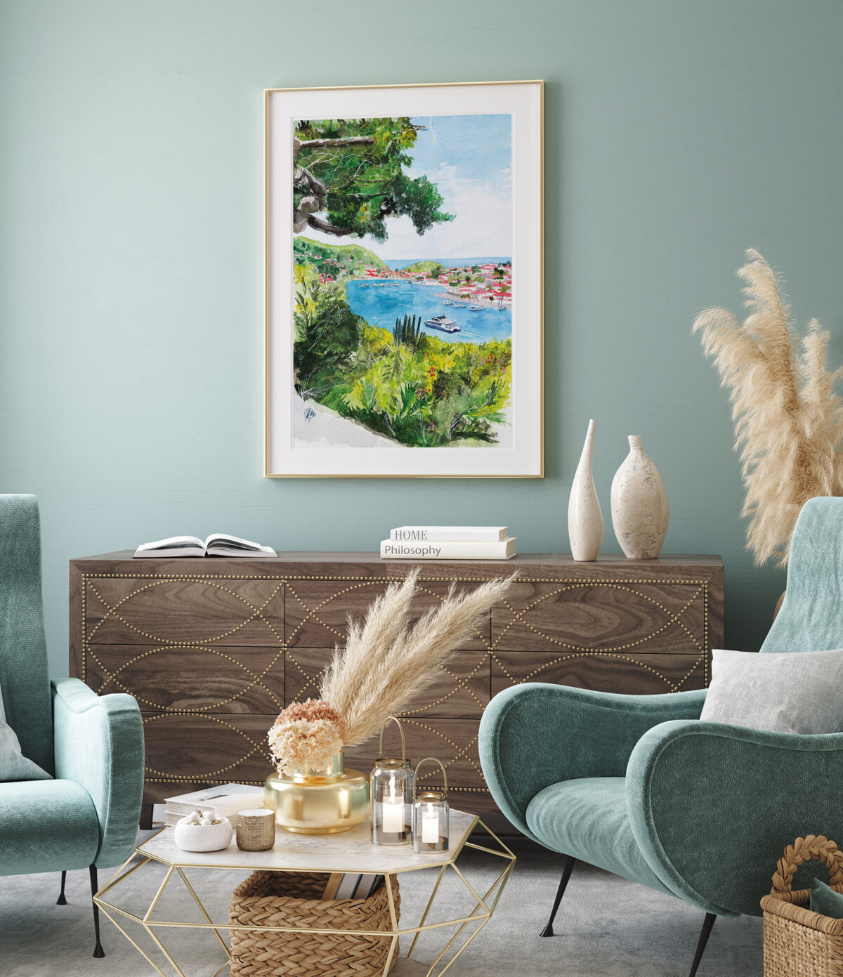 Aquarelle de Saint-Barthélemy : Gustavia - Moon St Barth - Illustration