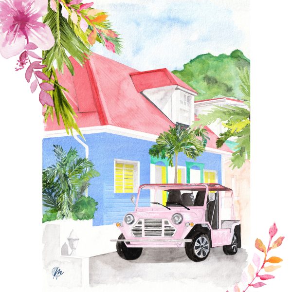 Aquarelle d'une Mini Moke à Saint-Barthélemy - MOON ST BARTH - Illustration