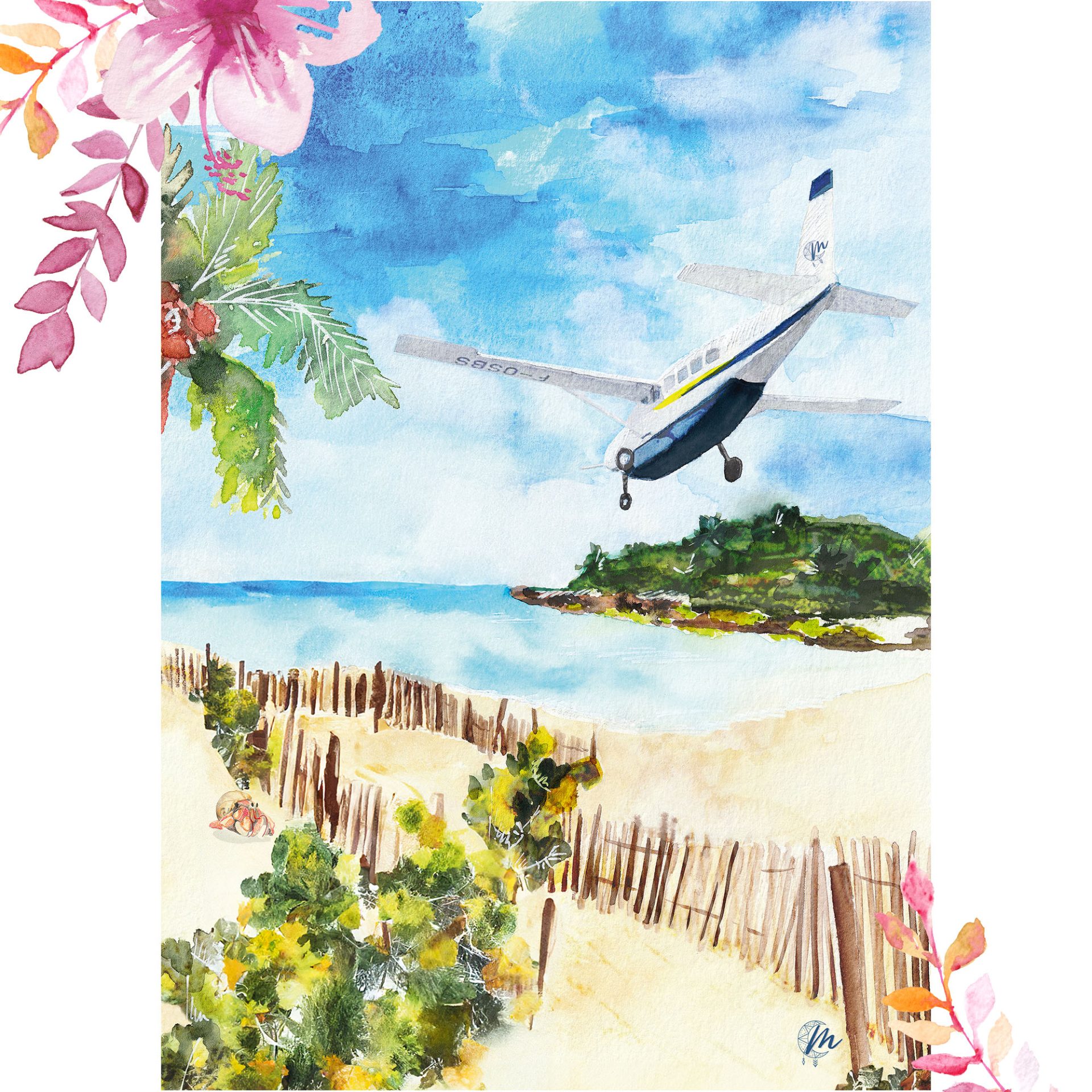 Aquarelle de Saint-Barthélemy : Plage de Pélican - Moon St Barth - Illustration