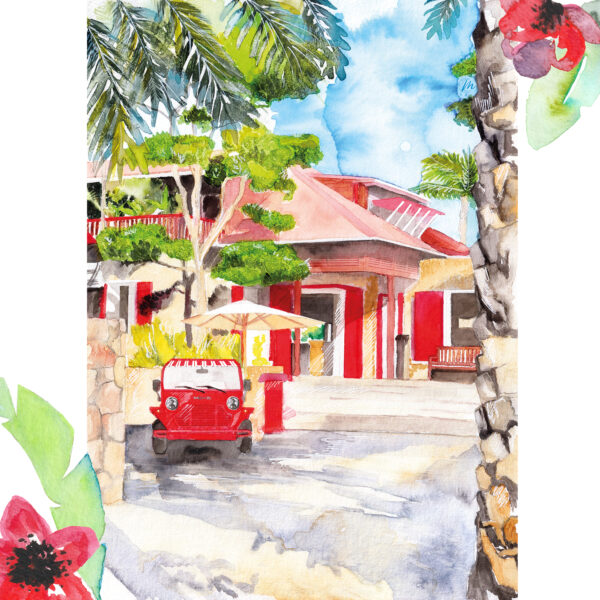 Aquarelle de l'Eden Rock x Moke à Saint-Barthélemy - MOON ST BARTH - Illustration