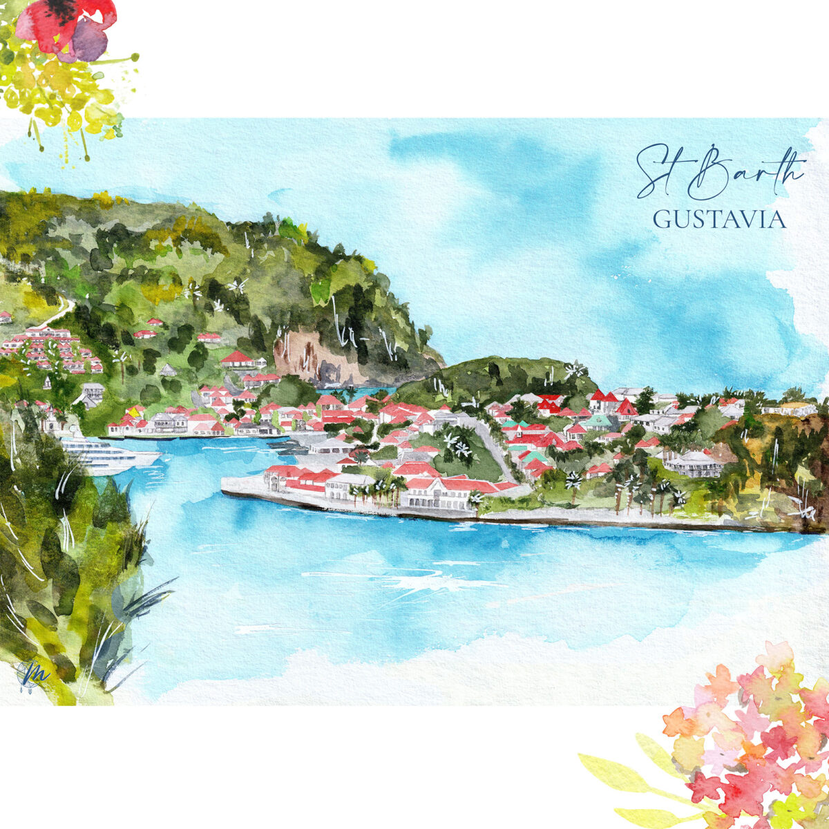 Aquarelle de Saint-Barthélemy : Port de Gustavia - Moon St Barth - Illustration