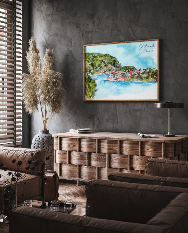 Aquarelle de Saint-Barthélemy : Port de Gustavia - Moon St Barth - Illustration