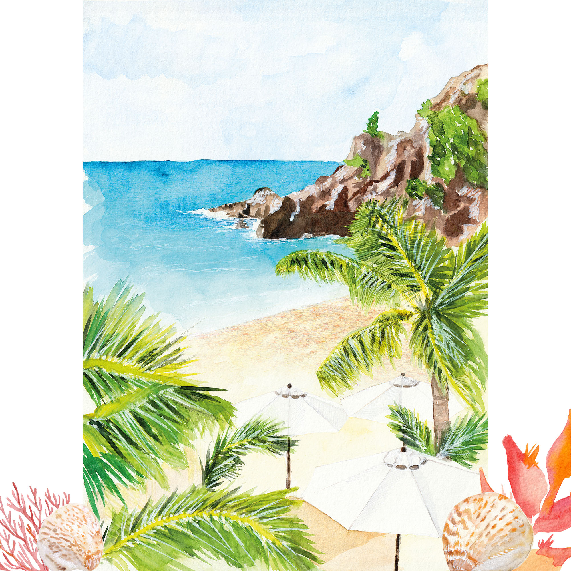 Aquarelle de Saint-Barthélemy : Plage de Shell Beach - Moon St Barth - Illustration Aquarelle de Saint-Barthélemy : Plage de Shell Beach - Moon St Barth - Illustration