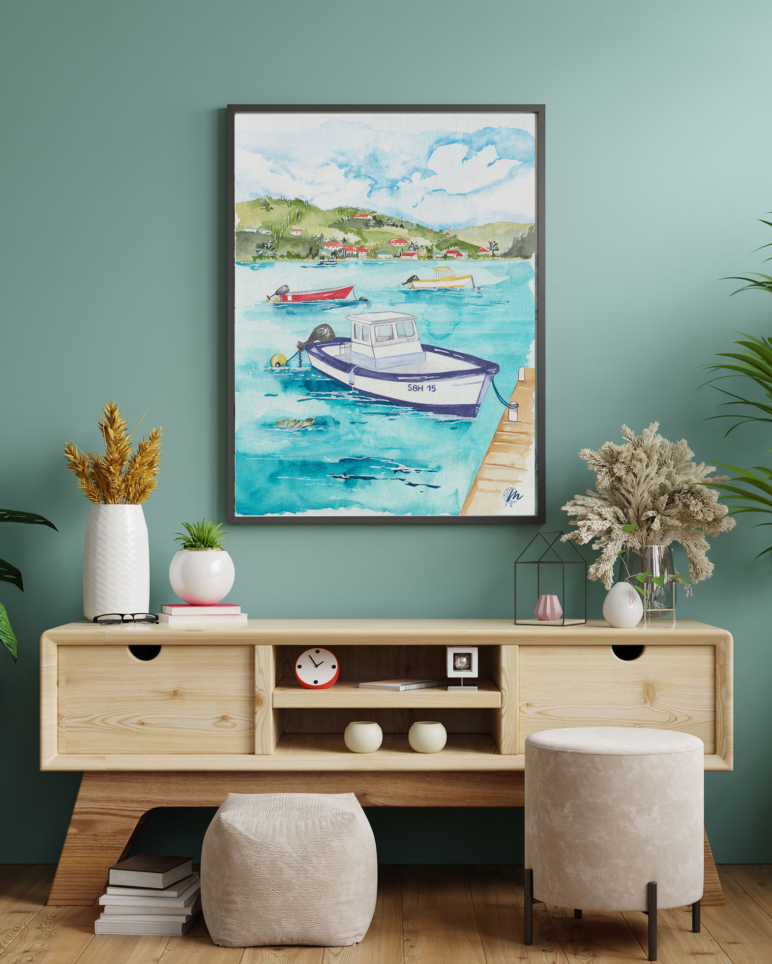 Illustration de Saint-Barthélemy : Aquarelle du lagon de Grand Cul-de-Sac - Moon St Barth Illustration de Saint-Barthélemy : Aquarelle du lagon de Grand Cul-de-Sac - Moon St Barth