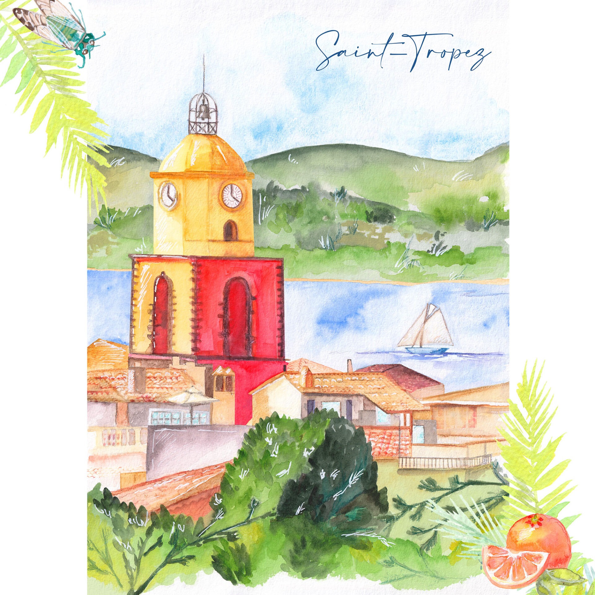 Illustration de Saint-Tropez : Aquarelle de la Côte d'Azur - Moon St Barth