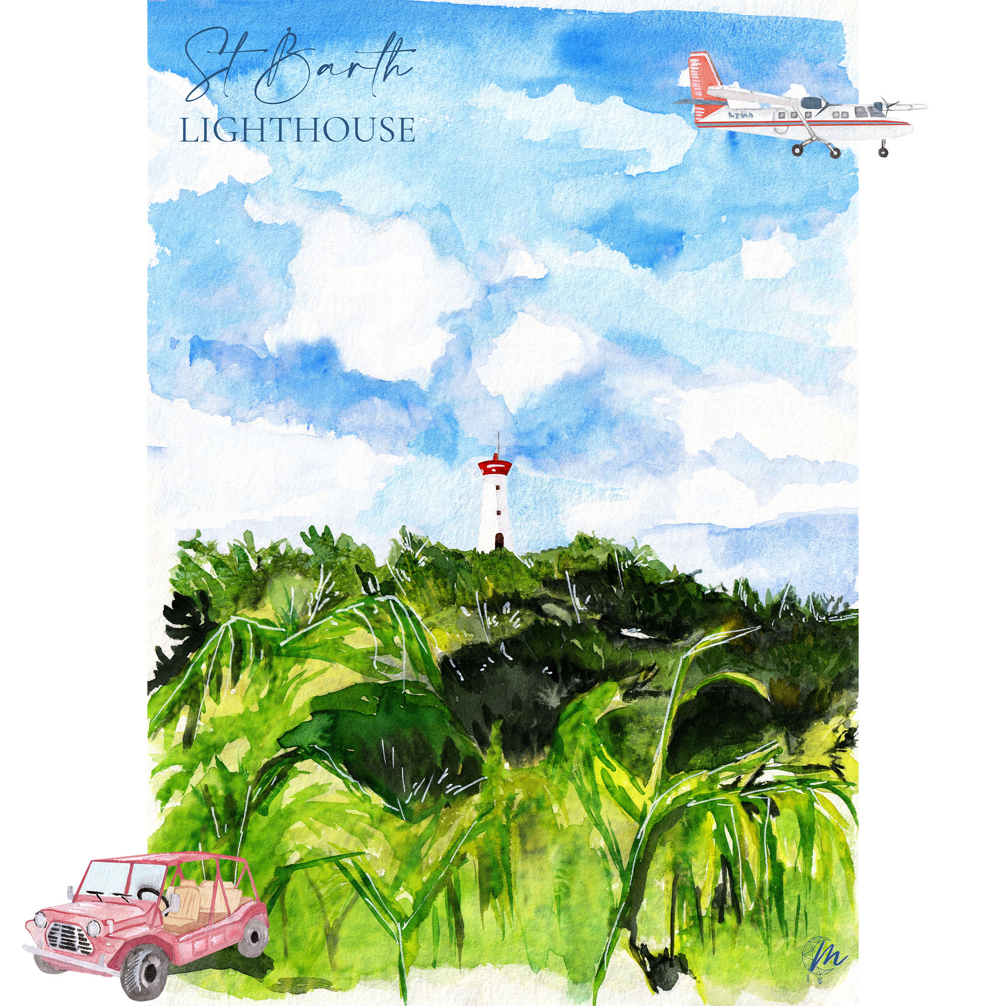 Illustration de Saint-Barthélemy : Phare de Gustavia - St Barth Watercolor - Moon St Barth
